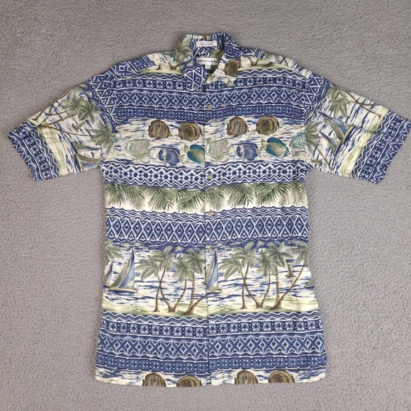 Vintage Pierre Cardin Hawaiian Shirt Mens Small Blue Green Button Up Rayon Aloha - Picture 1 of 11